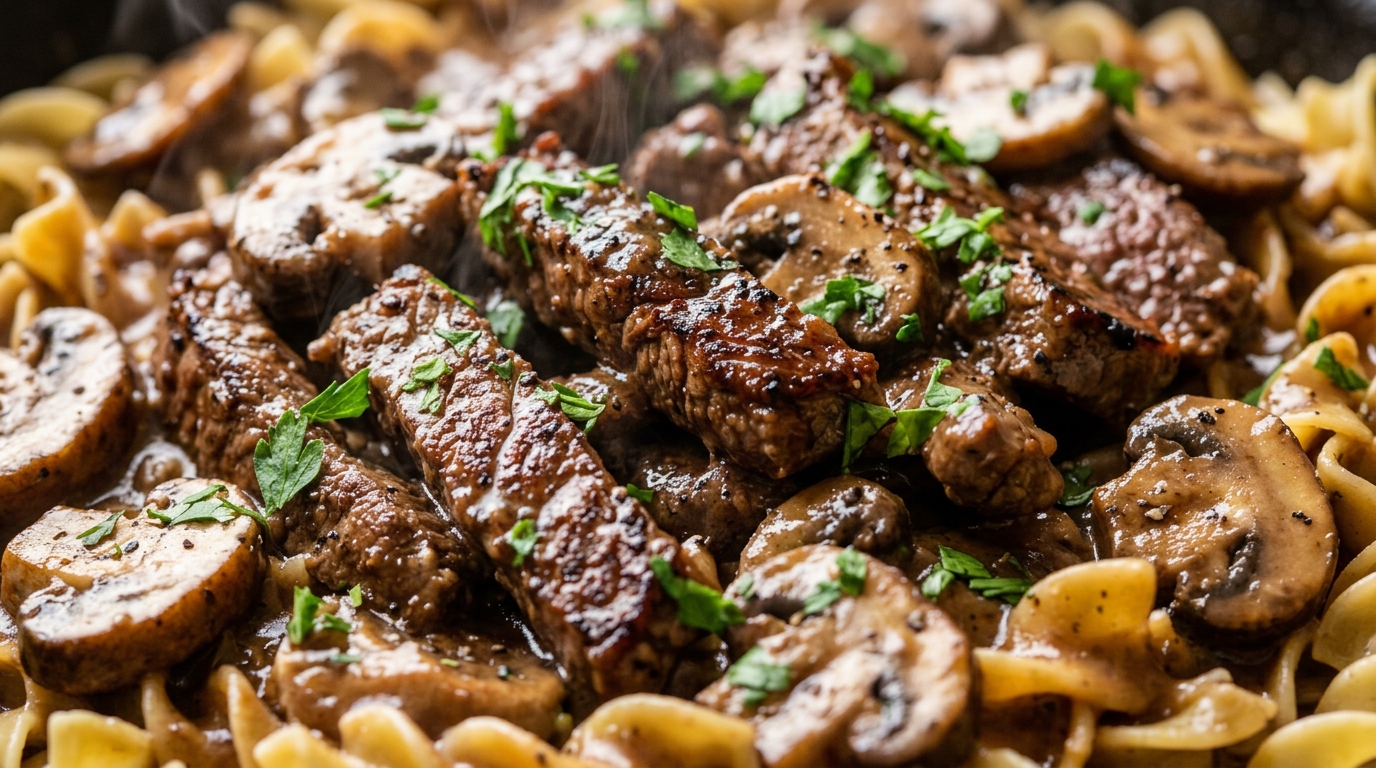 Ultra close-up macro food photograph of tender seared beef sirloin strips and cremini mushrooms coated in velvety sour cream and garlic beef gravy over buttered egg noodles