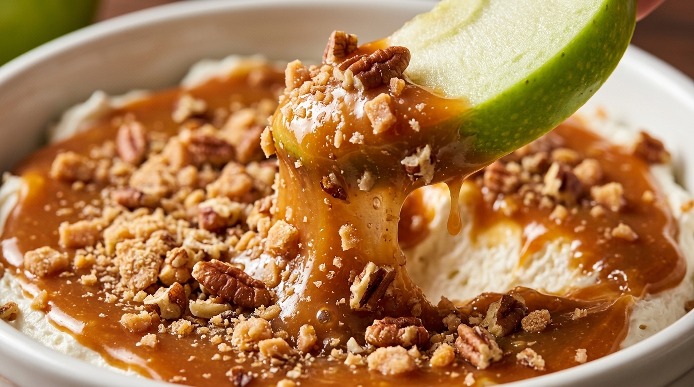 Ultra close-up macro food photograph of creamy caramel apple dip with crisp green apple slice, thick golden caramel, toffee bits, and toasted pecans
