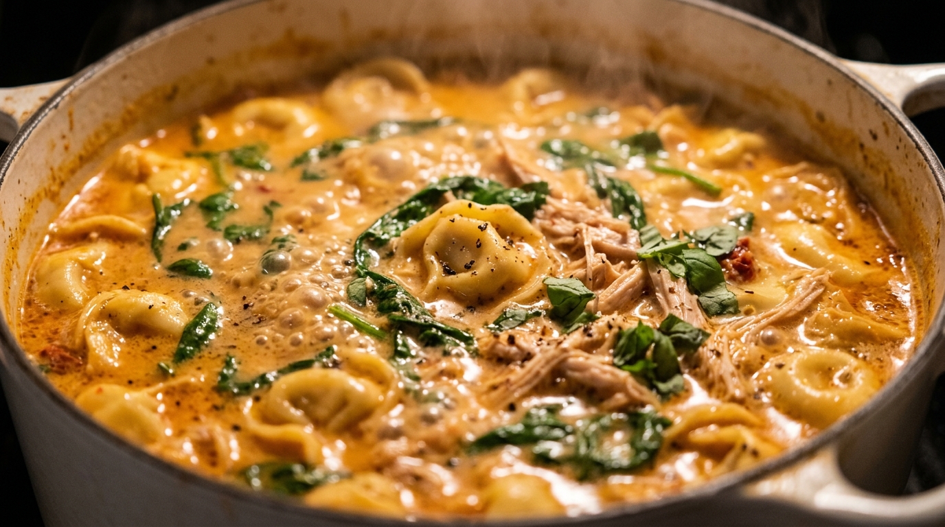 Ultra close-up macro food photograph of Creamy Marry Me Chicken Tortellini Soup with plump cheese tortellini and shredded chicken in sun-dried tomato cream broth