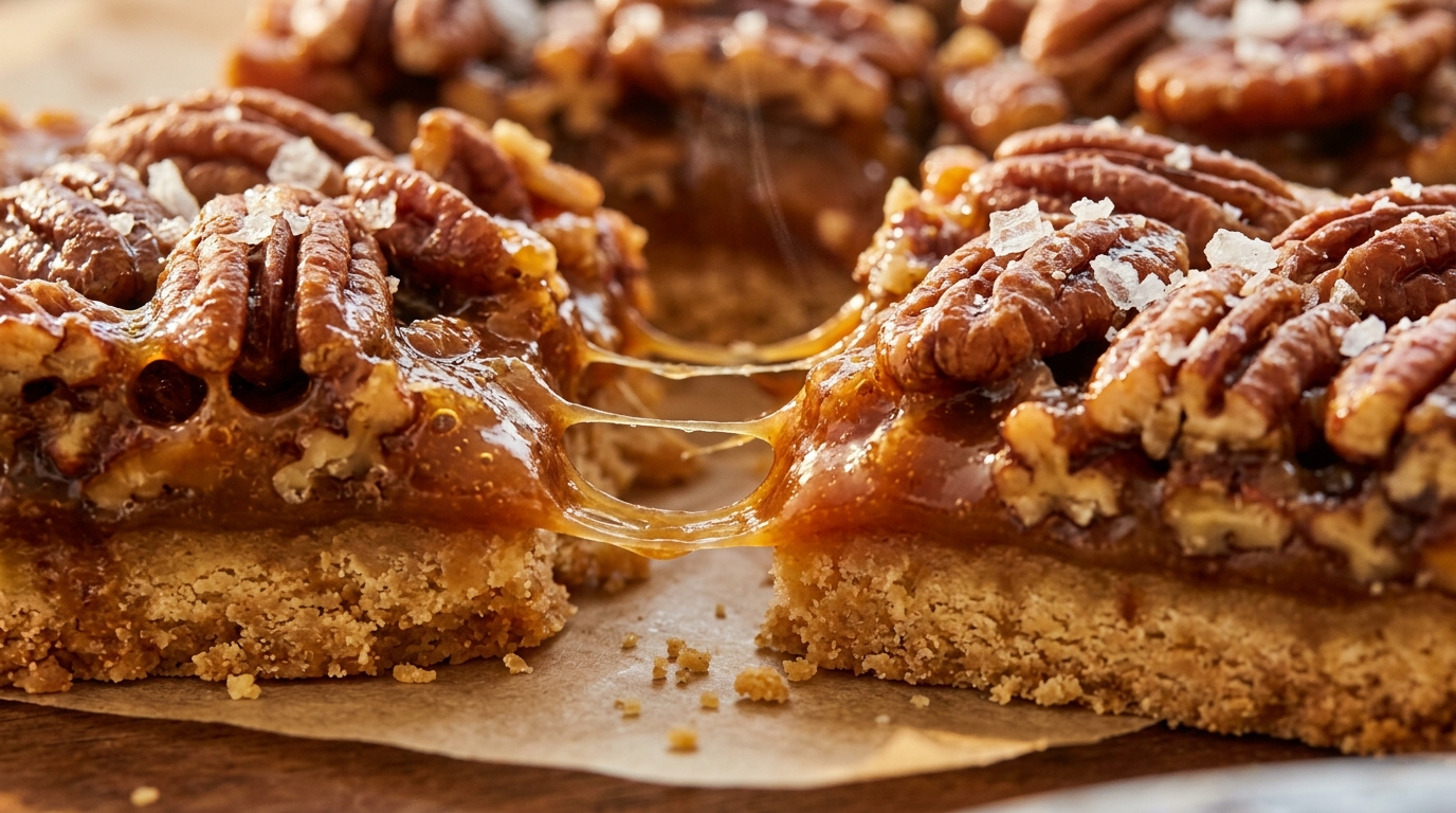 Ultra close-up macro food photograph of freshly baked salted caramel pecan pie bars with golden shortbread crust, bubbling gooey amber caramel, toasted pecans, and flaky sea salt
