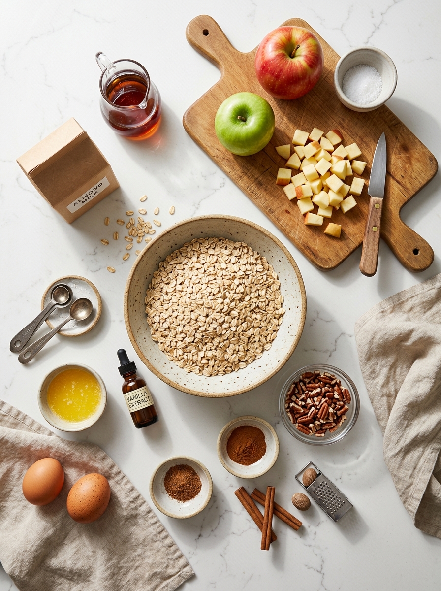 Overhead flat-lay arrangement of rolled oats, fresh Honeycrisp apples, cinnamon, pure maple syrup, almond milk, eggs, and pecans on white quartz