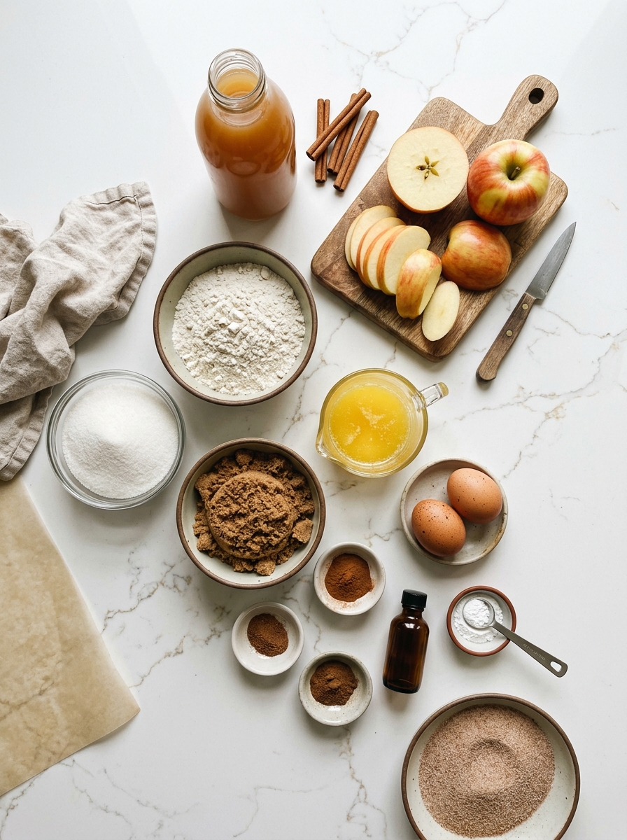 Fresh raw ingredients for apple cider donut cake arranged neatly on white quartz countertop