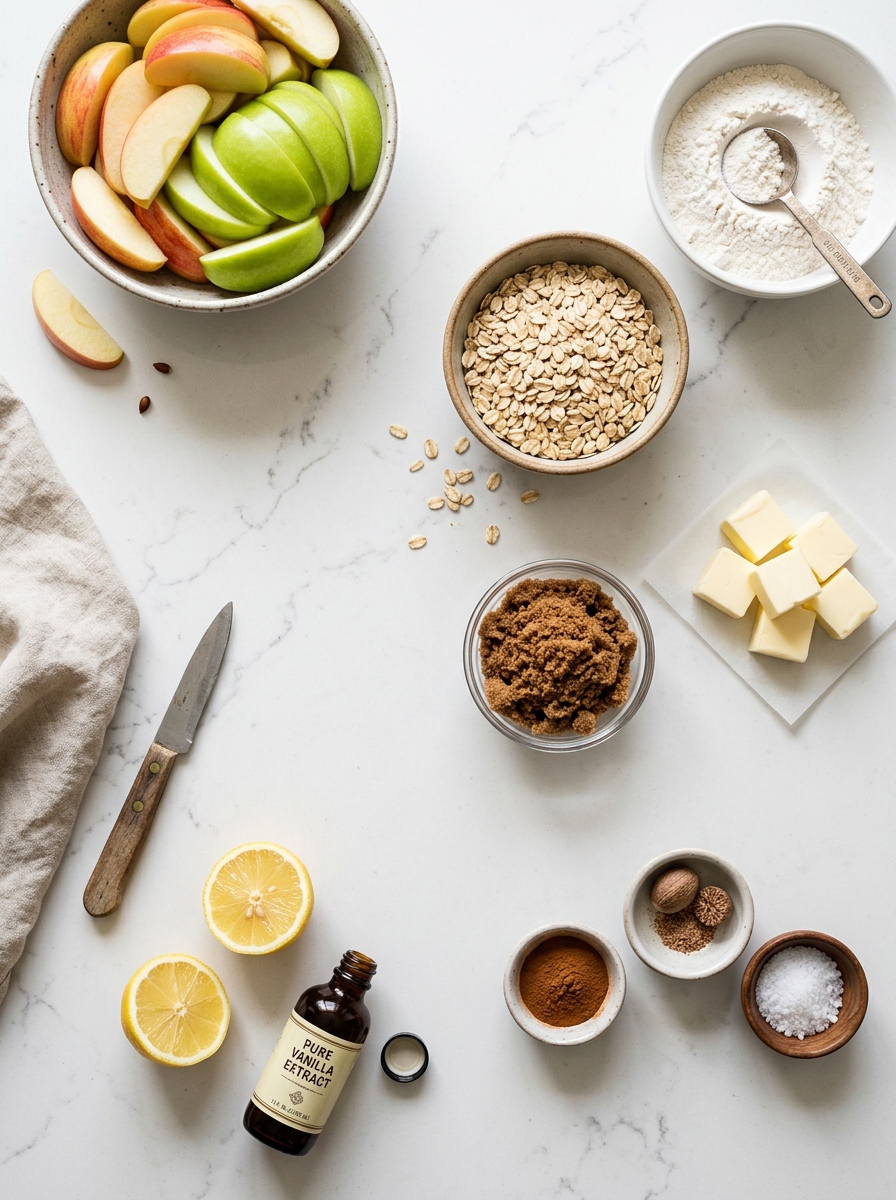 Fresh raw ingredients for homemade apple crisp arranged neatly on white quartz countertop