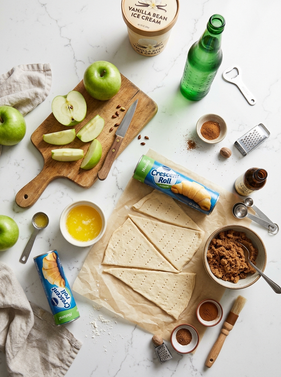 Overhead flat-lay arrangement of Granny Smith apple wedges, crescent roll dough tubes, butter, brown sugar, cinnamon, and soda on white quartz