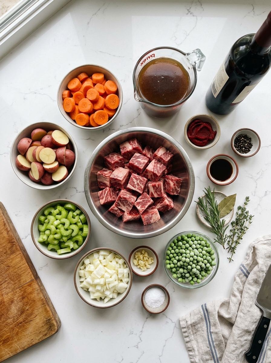 Overhead flat-lay arrangement of cubed beef chuck, carrots, potatoes, celery, onions, broth, red wine, and herbs on white quartz