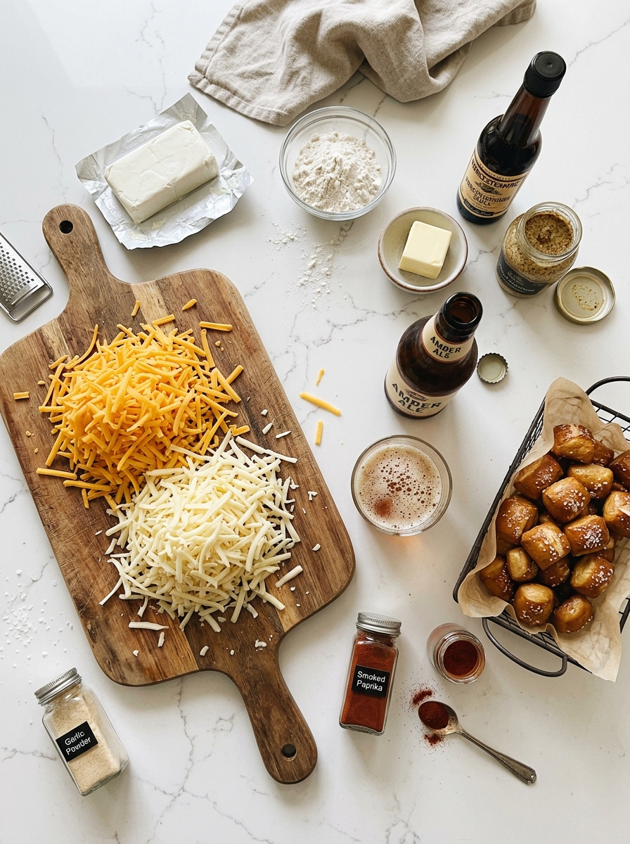 Overhead flat-lay arrangement of sharp cheddar, Gruyere, amber beer bottle, butter, flour, spices, and pretzel bites on white quartz