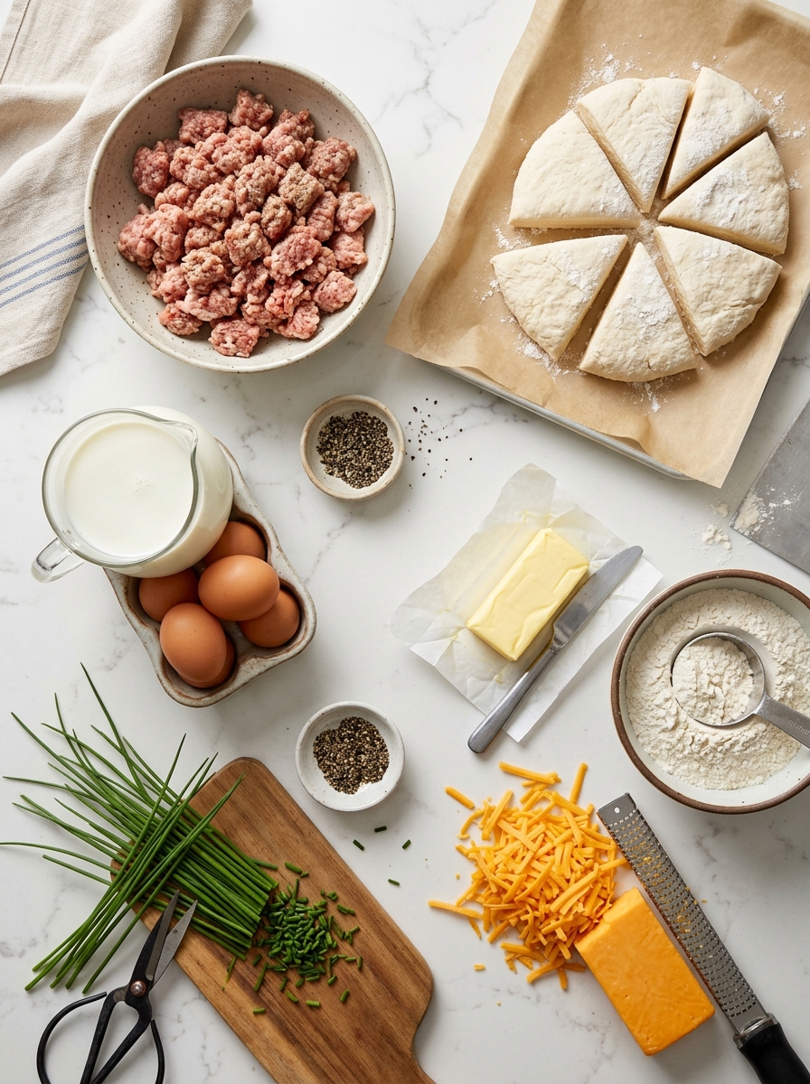 Fresh raw ingredients for biscuits and gravy breakfast casserole arranged neatly on clean white quartz counter