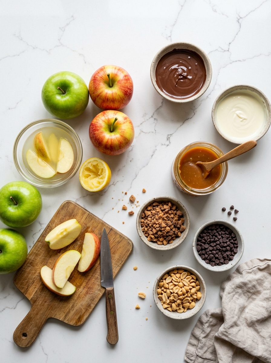 Overhead flat-lay arrangement of fresh Granny Smith and Honeycrisp apples, salted caramel jar, melted chocolate, toffee bits, and nuts on white quartz
