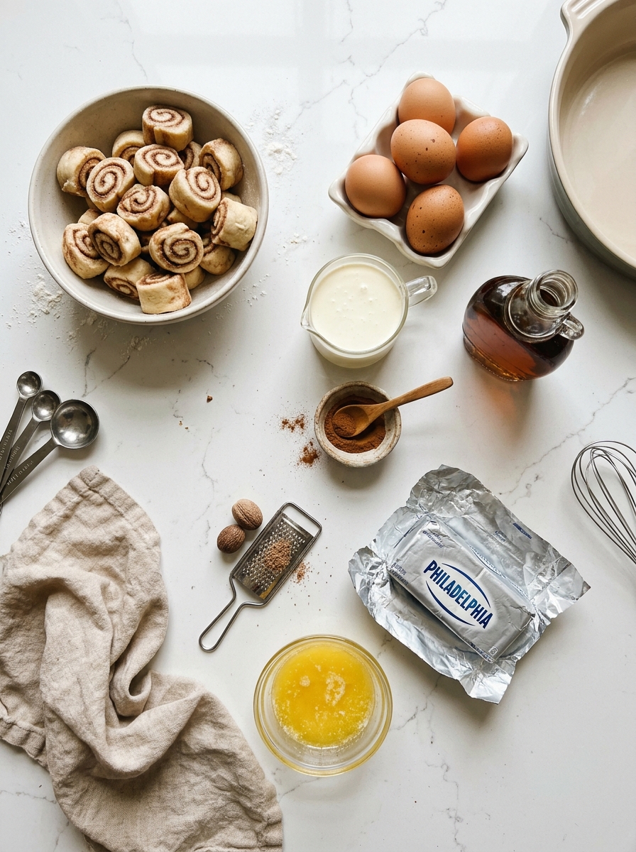 Overhead flat-lay of cut cinnamon rolls, farm eggs, heavy cream, maple syrup, vanilla, and cream cheese on white quartz