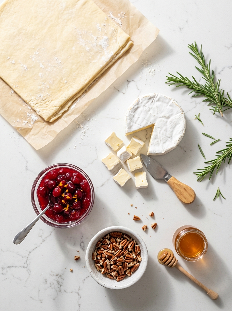 Fresh raw ingredients for cranberry brie bites arranged on clean white quartz countertop