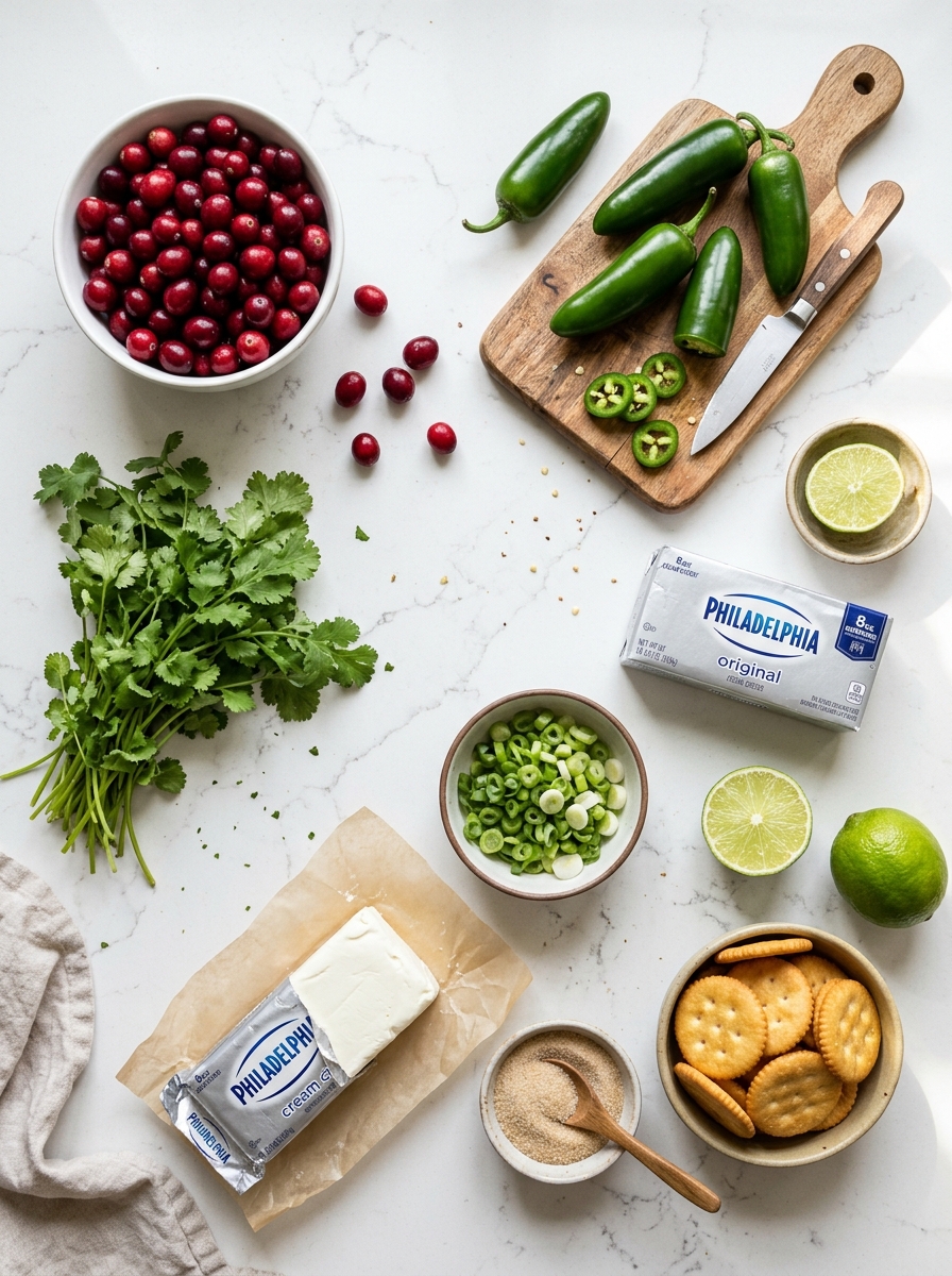 Overhead flat-lay of fresh cranberries, jalapenos, cilantro, lime, and cream cheese on white quartz