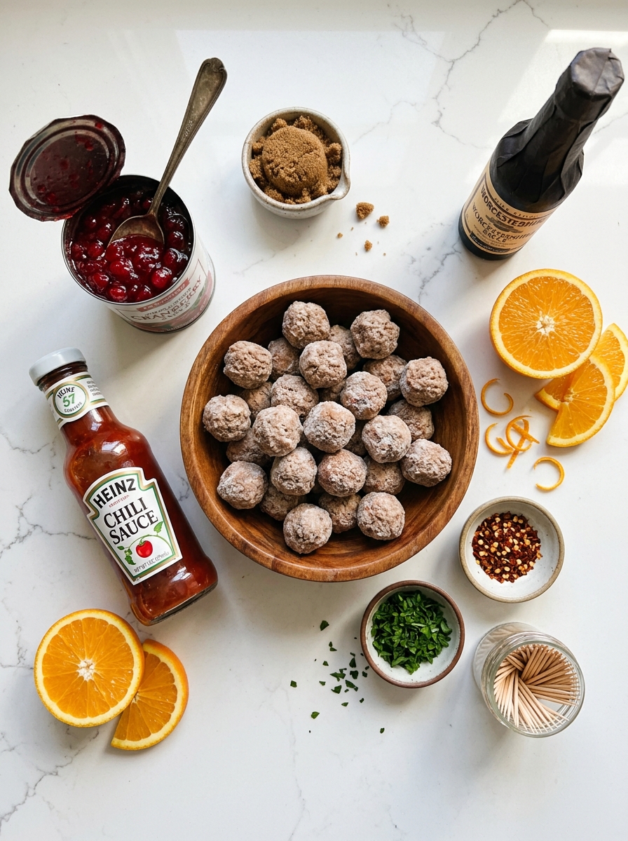 Overhead flat-lay arrangement of frozen cocktail meatballs, cranberry sauce can, chili sauce bottle, orange slices, and toothpicks on white quartz
