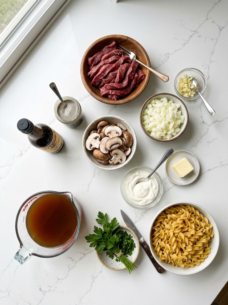 Fresh ingredients for creamy beef stroganoff neatly arranged on clean white quartz countertop