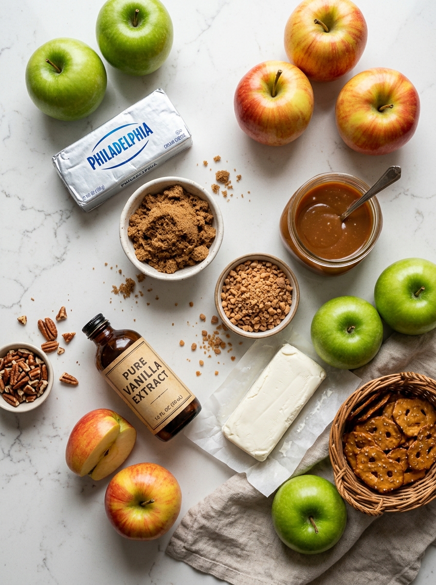 Clean overhead flat-lay photography of ingredients for creamy caramel apple dip on white quartz countertop