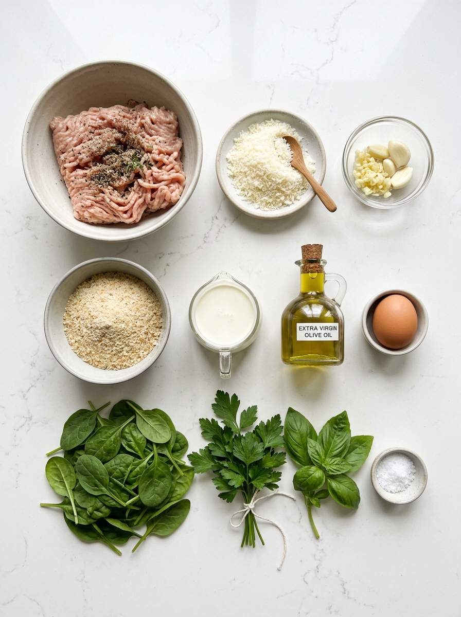 Fresh raw ingredients for garlic parmesan chicken meatballs flat-lay on clean white quartz counter