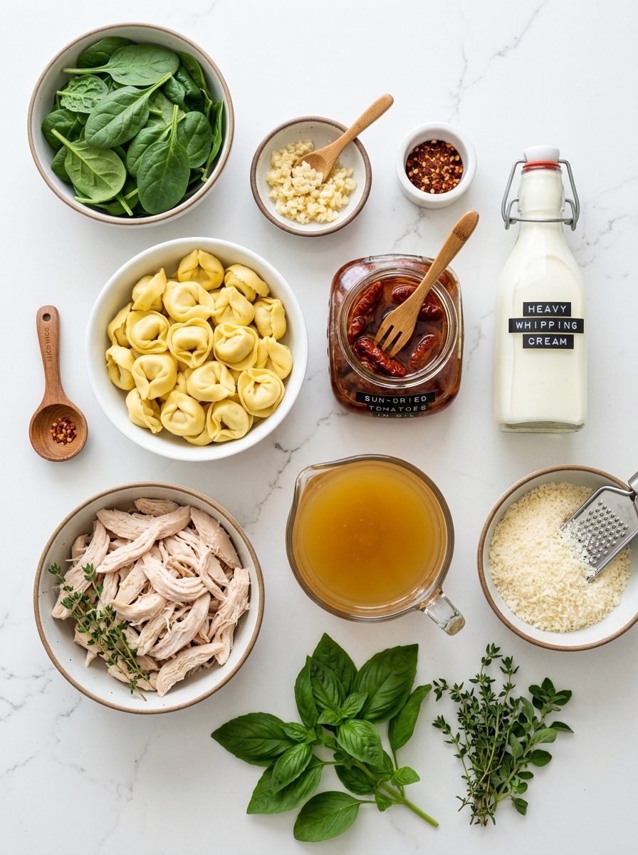 Fresh raw ingredients for marry me chicken tortellini soup flat-lay on clean white quartz counter