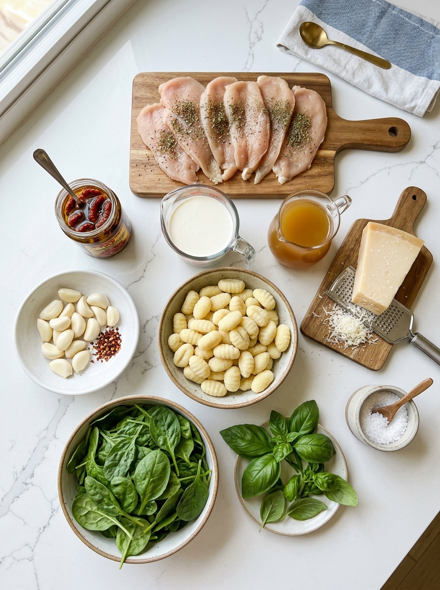 Clean overhead flat-lay photography of ingredients for creamy tuscan garlic chicken and gnocchi on white quartz countertop