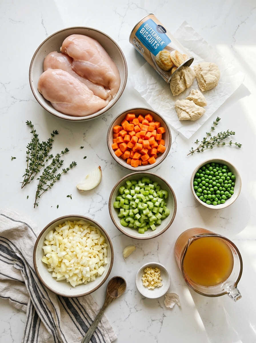 Overhead flat-lay of chicken breasts, canned biscuits, carrots, celery, broth, and fresh herbs on white quartz
