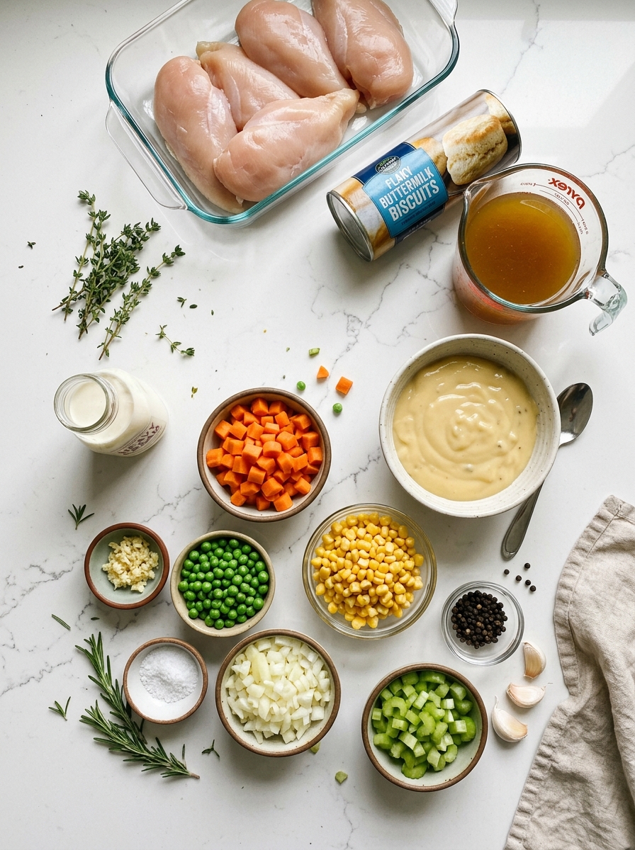 Fresh ingredients for crockpot chicken pot pie arranged on a clean white quartz kitchen workstation