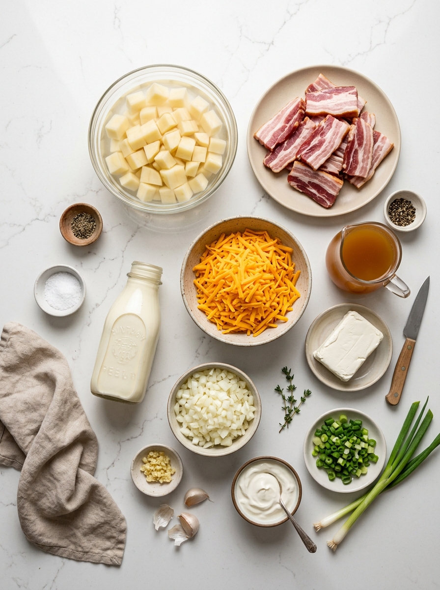 Fresh raw ingredients for loaded potato soup arranged neatly on white quartz workstation
