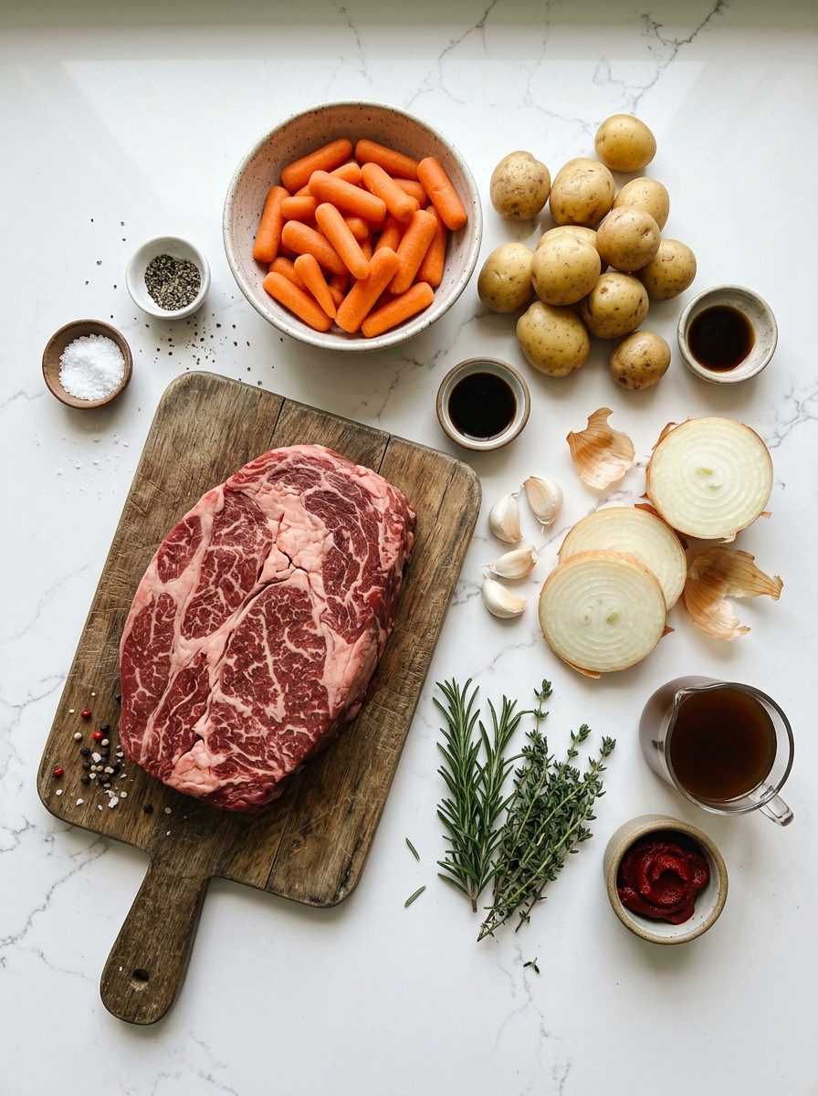 Fresh raw ingredients for crockpot pot roast arranged neatly on white quartz countertop