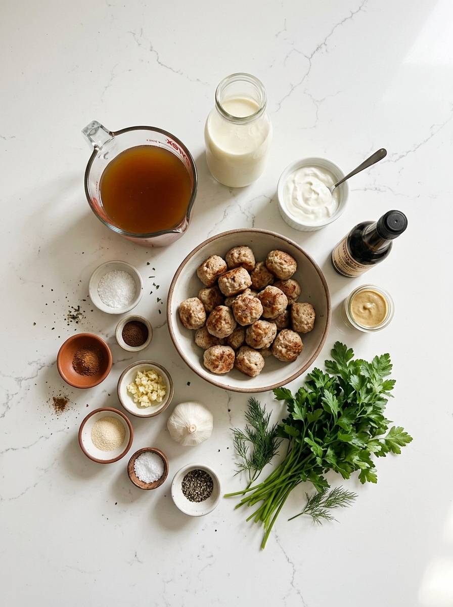 Fresh ingredients for crockpot Swedish meatballs arranged on a clean white quartz kitchen workstation