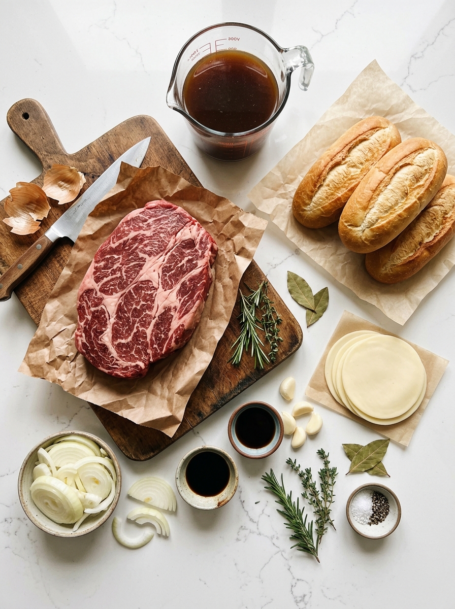 Overhead flat-lay arrangement of beef chuck roast, beef broth, French onion soup, fresh herbs, hoagie rolls, and provolone cheese on white quartz