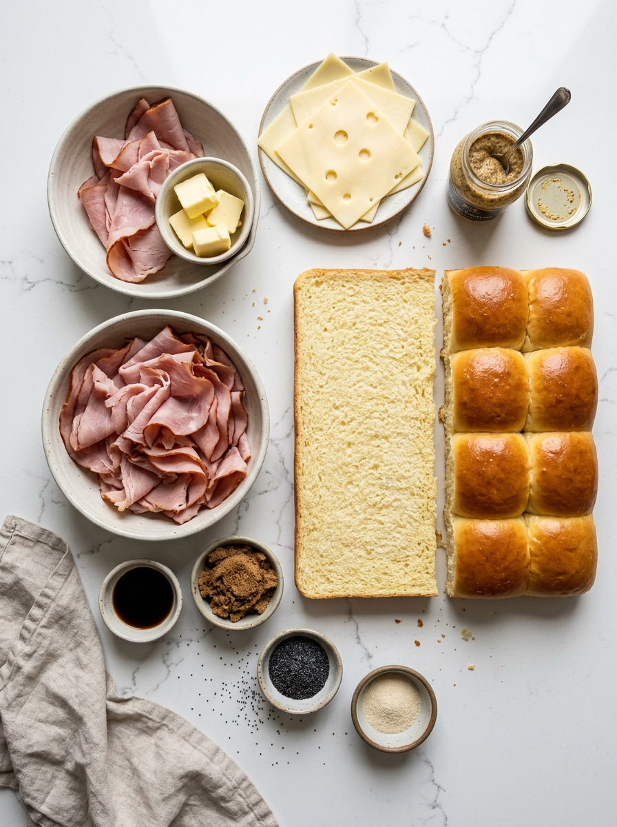Fresh raw ingredients for ham and cheese sliders arranged neatly on white quartz countertop