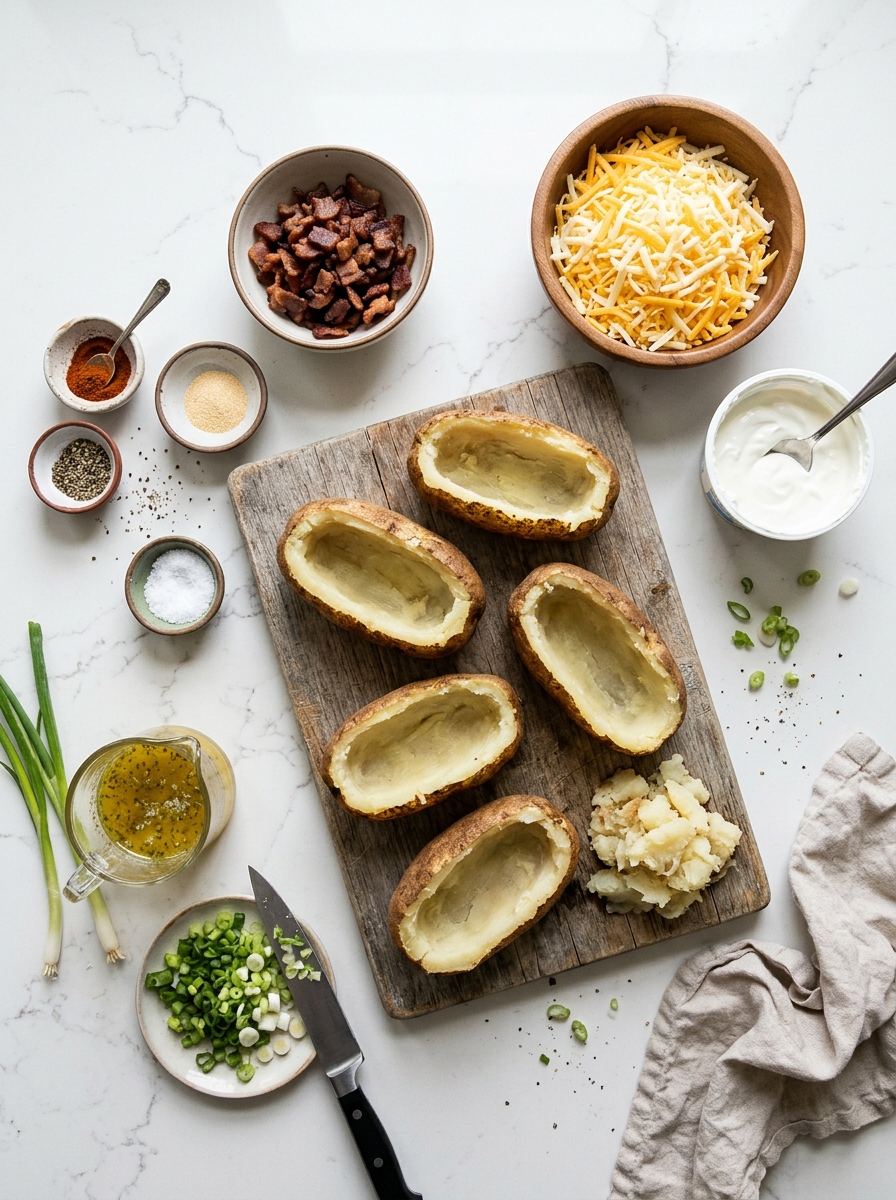 Overhead flat-lay arrangement of baked russet potatoes, sharp cheddar cheese, thick bacon, scallions, sour cream, and garlic butter on white quartz