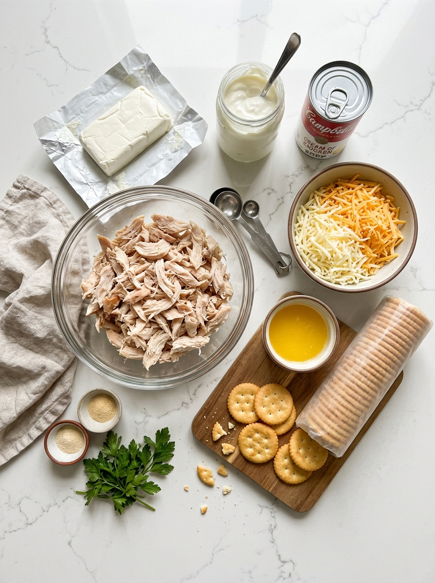 Overhead flat-lay arrangement of shredded rotisserie chicken, cream cheese, sour cream, Ritz crackers, and herbs on white quartz