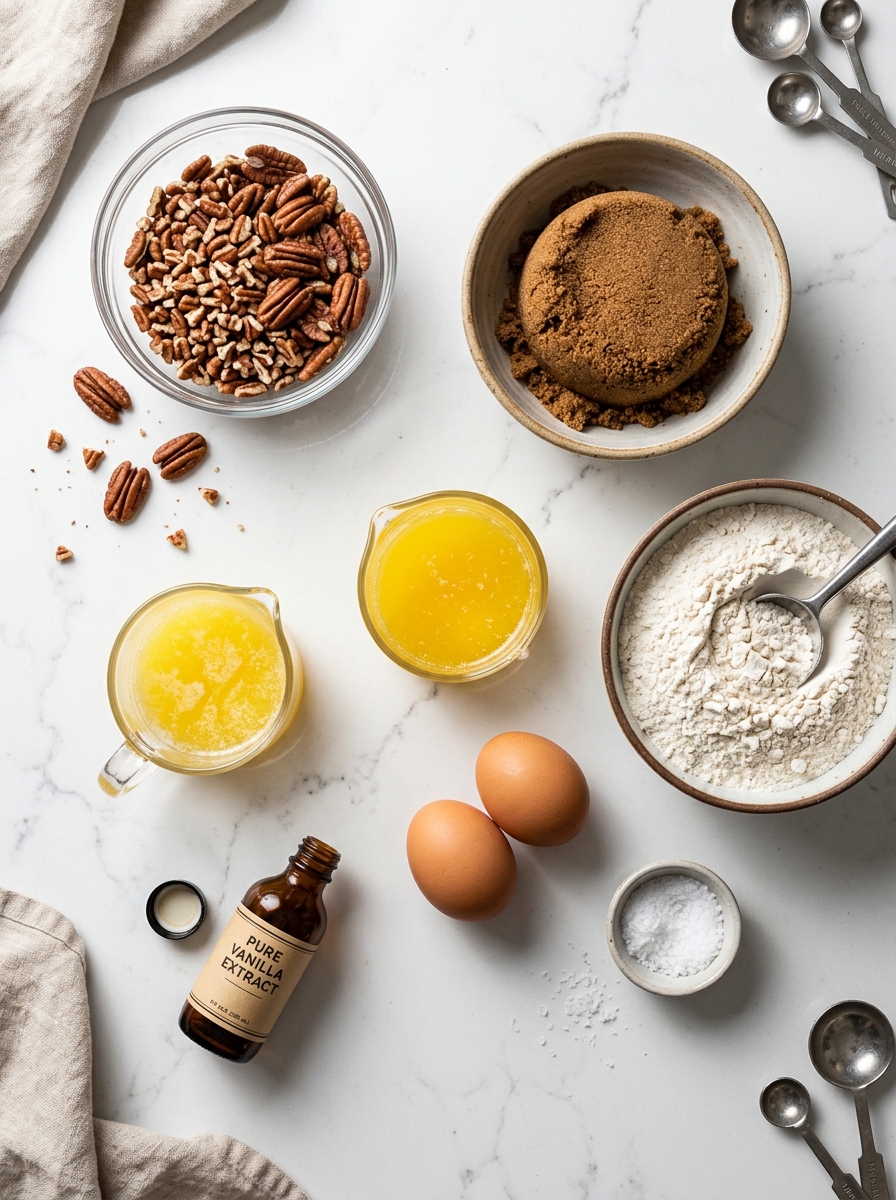 Overhead flat-lay arrangement of chopped pecans, dark brown sugar, flour, melted butter, eggs, and vanilla on white quartz
