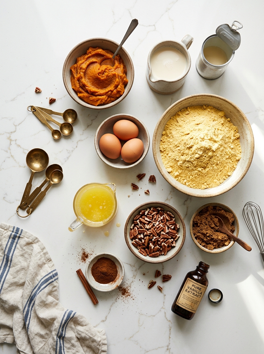 Overhead flat-lay of pumpkin puree, evaporated milk, eggs, yellow cake mix, melted butter, and pecans on white quartz