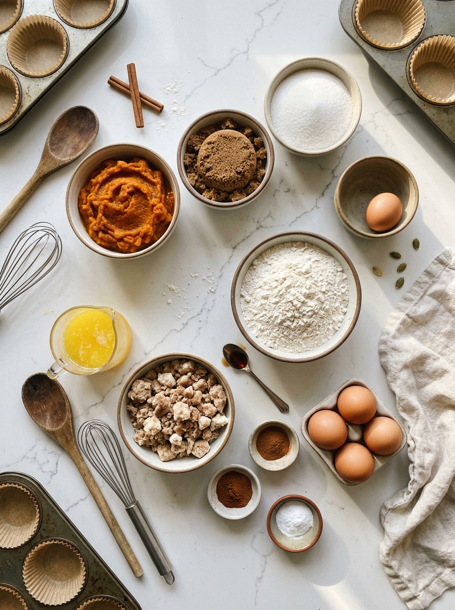 Fresh raw ingredients for bakery-style pumpkin muffins arranged neatly on white quartz countertop