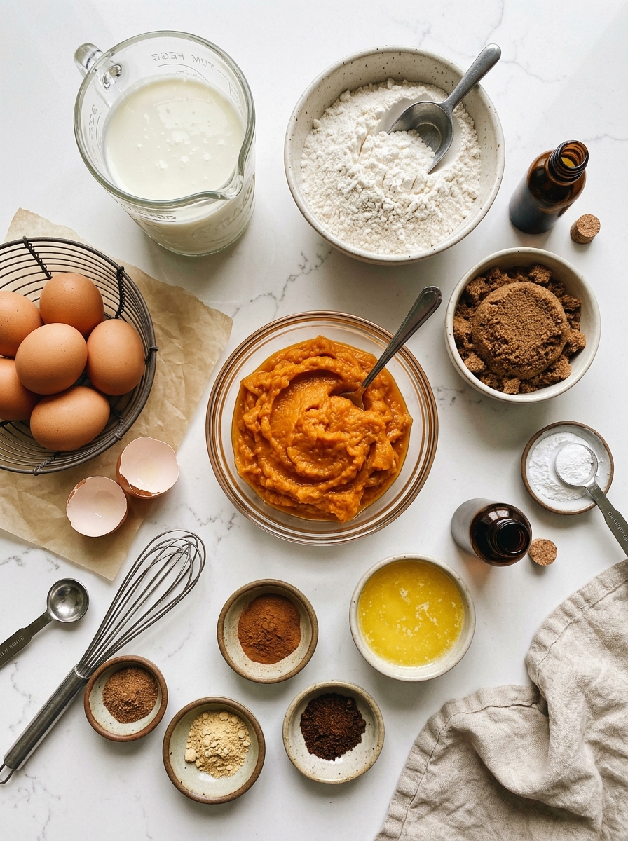 Overhead flat-lay arrangement of pure pumpkin puree, buttermilk jug, flour, brown eggs, butter, brown sugar, and spices on white quartz