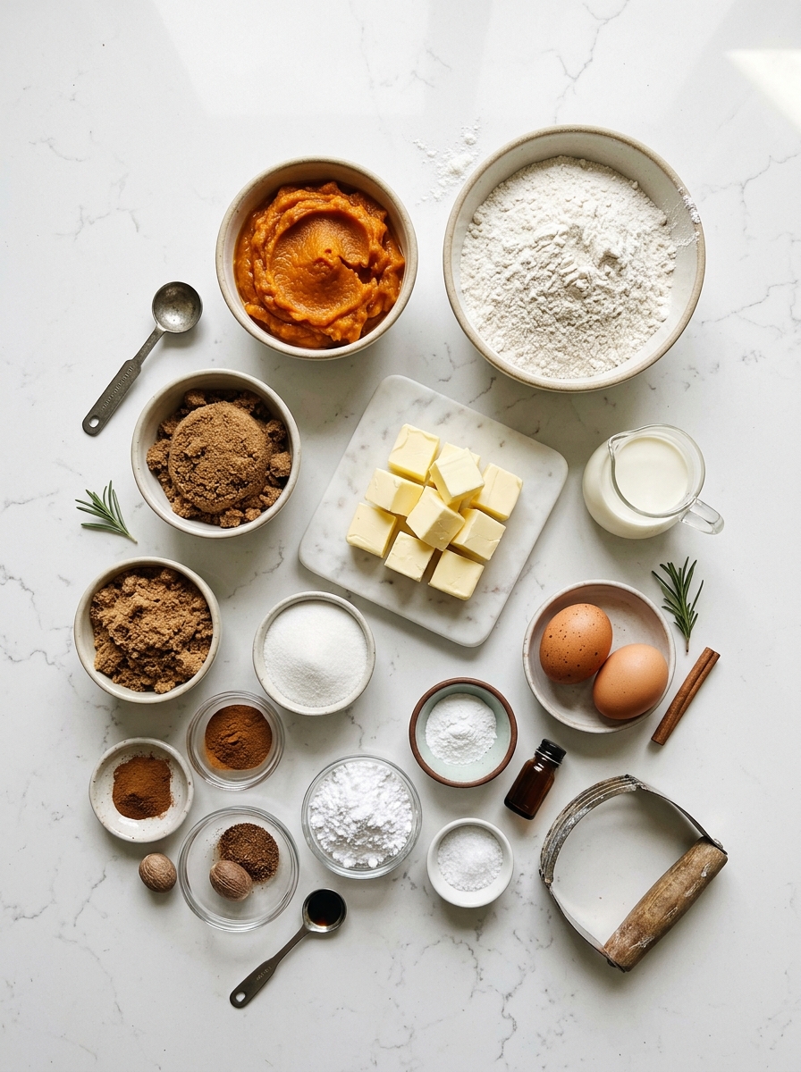 Fresh raw ingredients for bakery-style pumpkin scones arranged on clean white quartz countertop