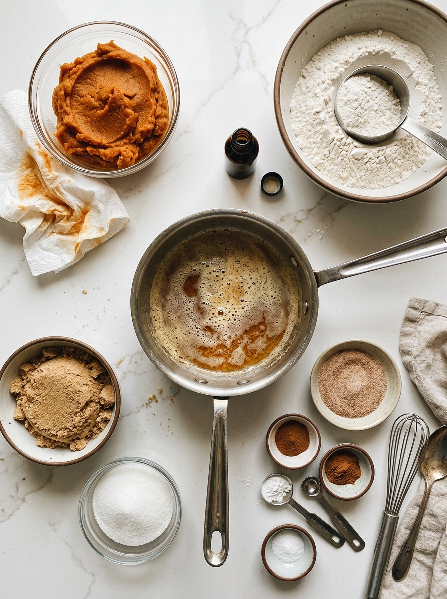 Overhead flat-lay arrangement of browned butter, pumpkin puree, flour, brown sugar, cinnamon, cream of tartar, and vanilla on white quartz