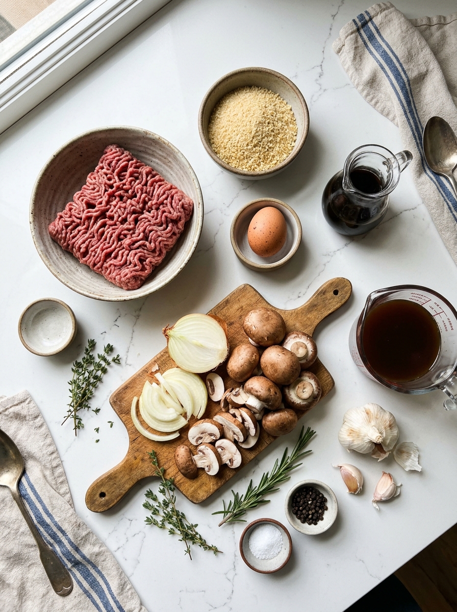 Overhead flat-lay of ground beef, panko breadcrumbs, egg, Worcestershire sauce, mushrooms, and beef broth on white quartz