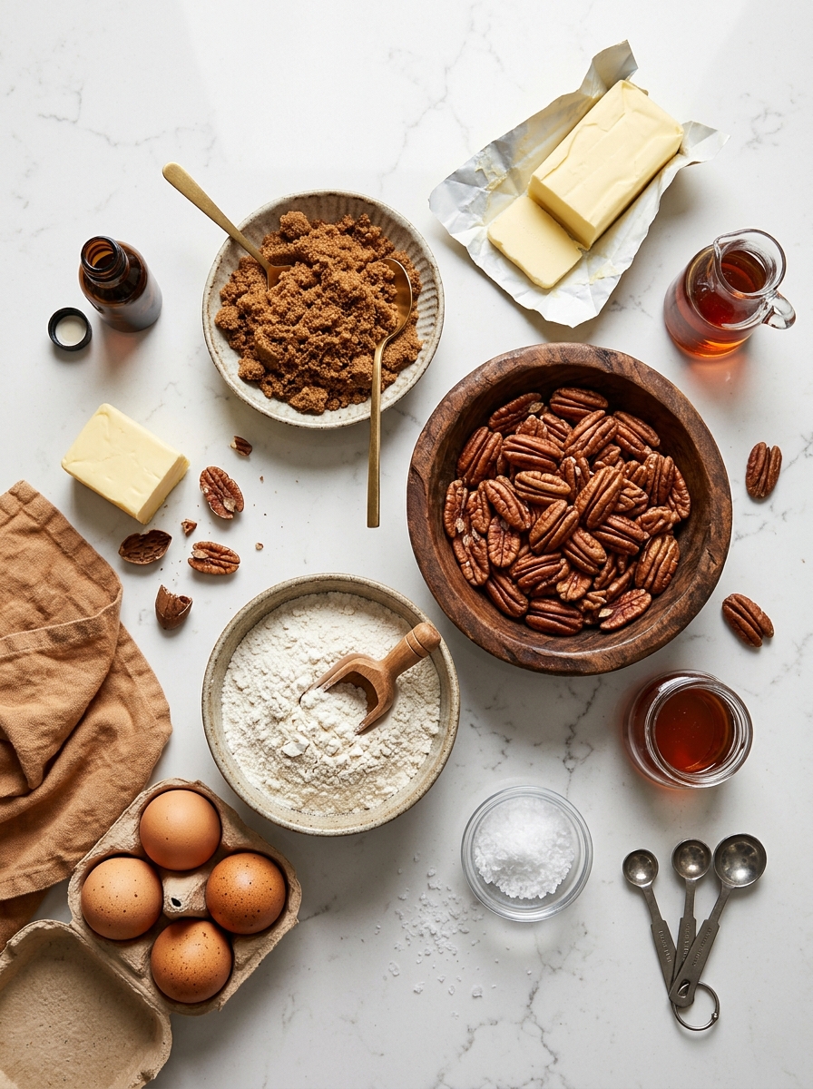 Clean overhead flat-lay photography of ingredients for salted caramel pecan pie bars on white quartz countertop