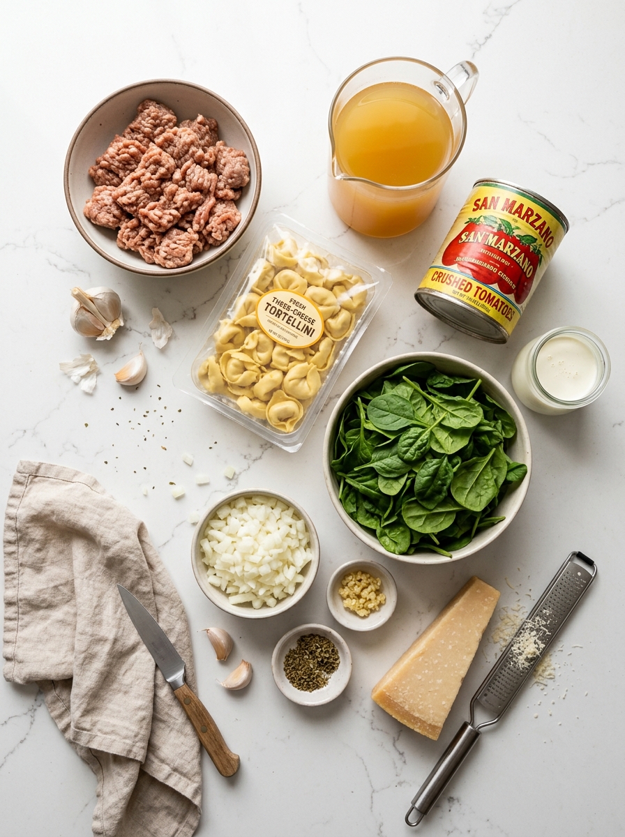 Overhead flat-lay arrangement of Italian ground sausage, refrigerated tortellini, chicken broth, cream, spinach, and parmesan on white quartz