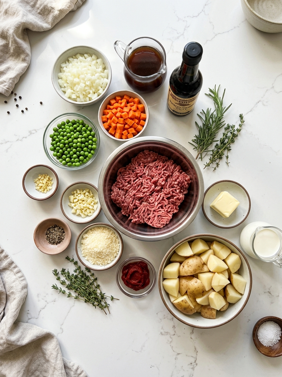 Overhead flat-lay arrangement of ground beef, diced carrots, onions, peas, herbs, broth, and russet potatoes on white quartz