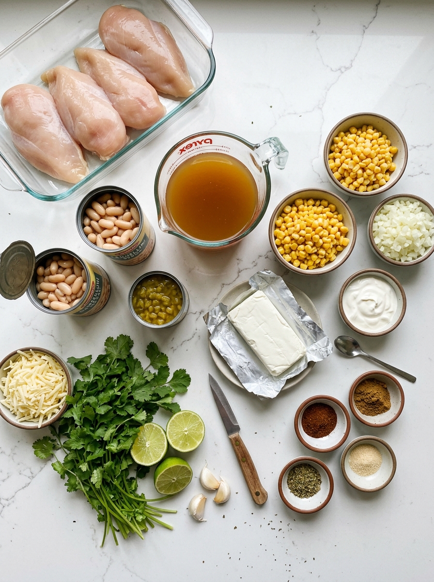 Fresh raw ingredients for creamy white chicken chili arranged on a clean white quartz kitchen workstation
