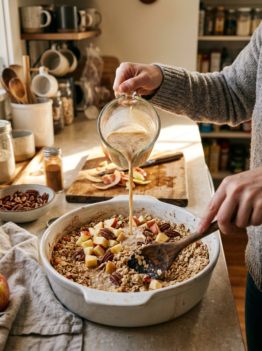 Active cooking action shot pouring whisked custard milk mixture over spiced rolled oats and diced apples in white ceramic baking dish