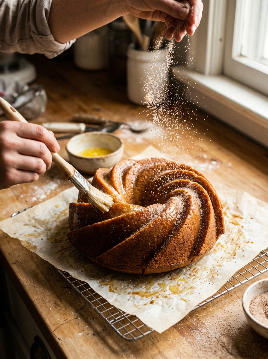 Active baking action shot of baker brushing warm bundt cake with melted butter and sprinkling sparkling cinnamon sugar