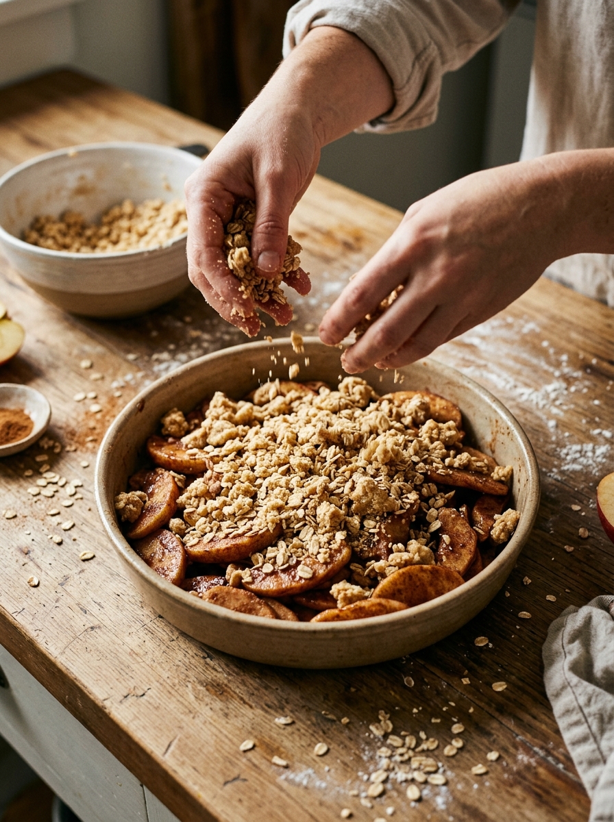 Active cooking shot scattering thick cinnamon oat streusel over sliced spiced apples in ceramic baking dish