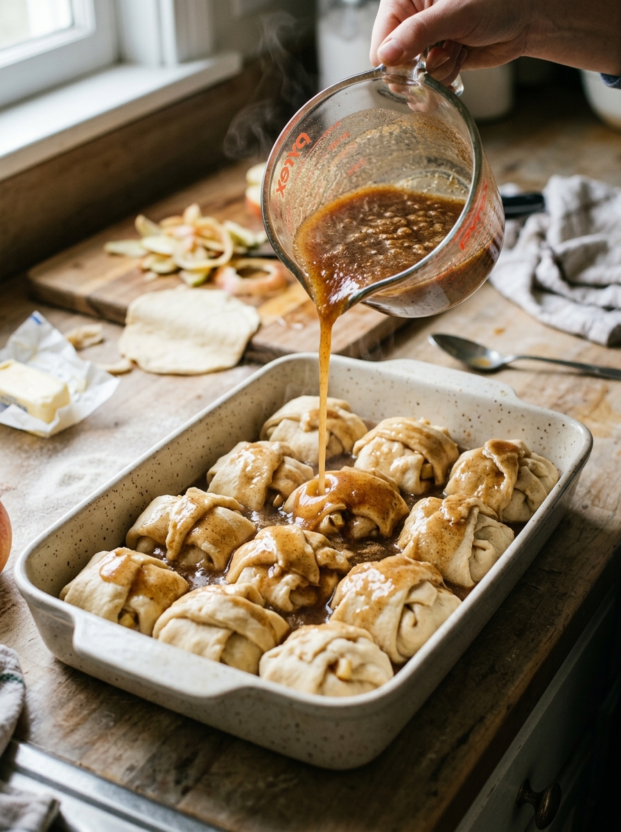 Active cooking action shot pouring warm spiced cinnamon butter sauce evenly over rolled crescent apple dumplings in baking dish