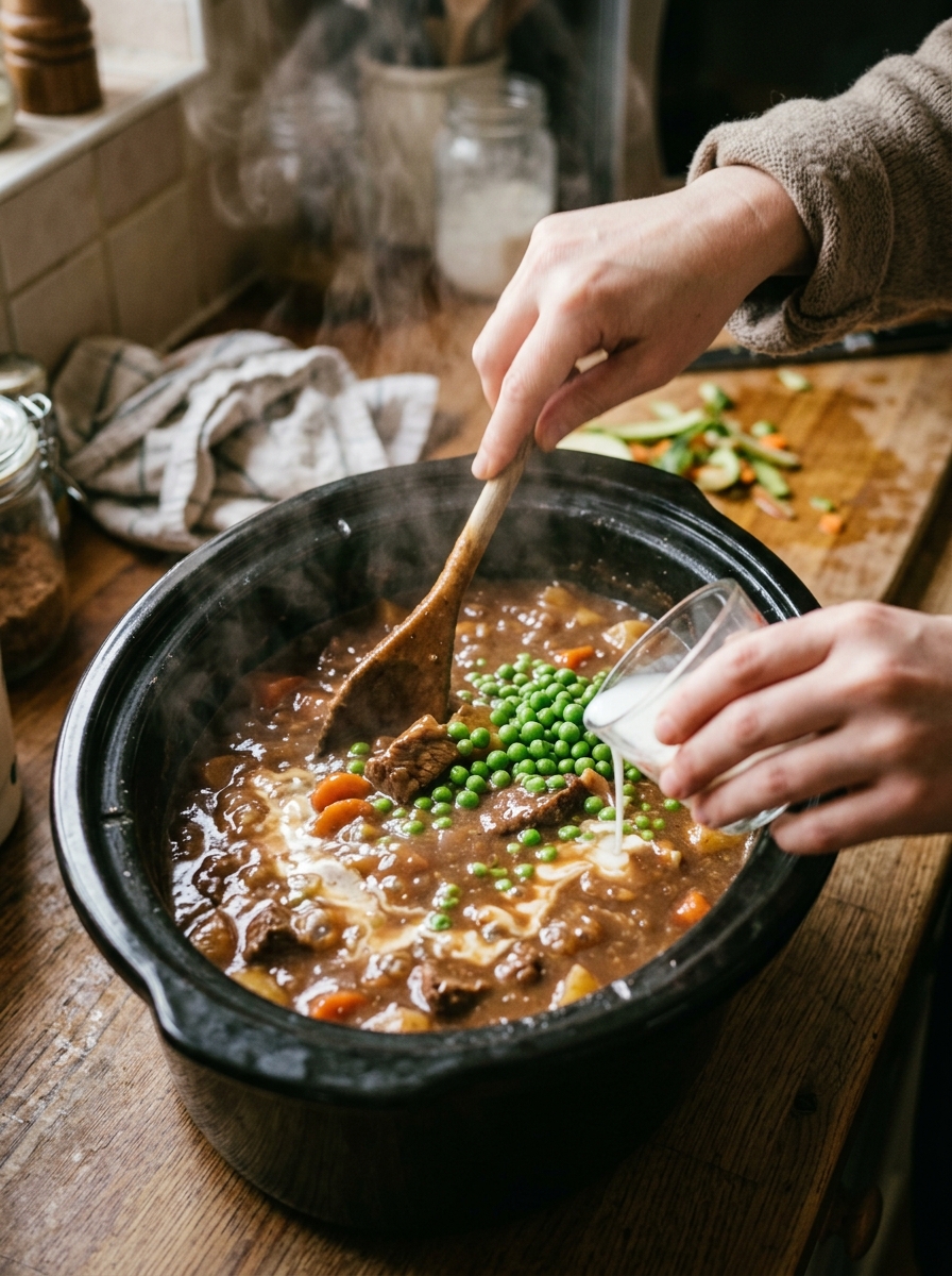 Active cooking action shot wooden spoon stirring cornstarch slurry and sweet peas into bubbling dark beef stew in slow cooker