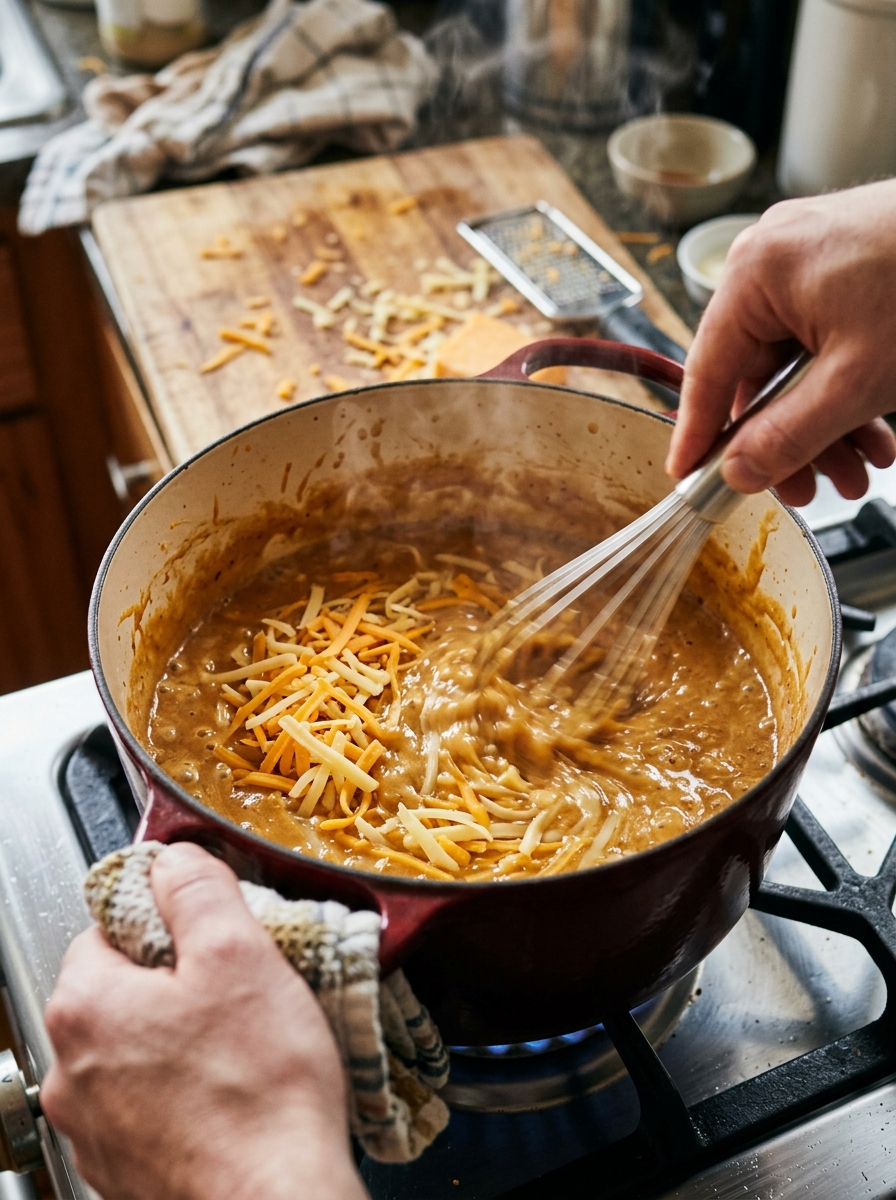Active cooking action shot whisk actively stirring shredded sharp cheddar cheese into bubbling beer cheese in a pot on stovetop