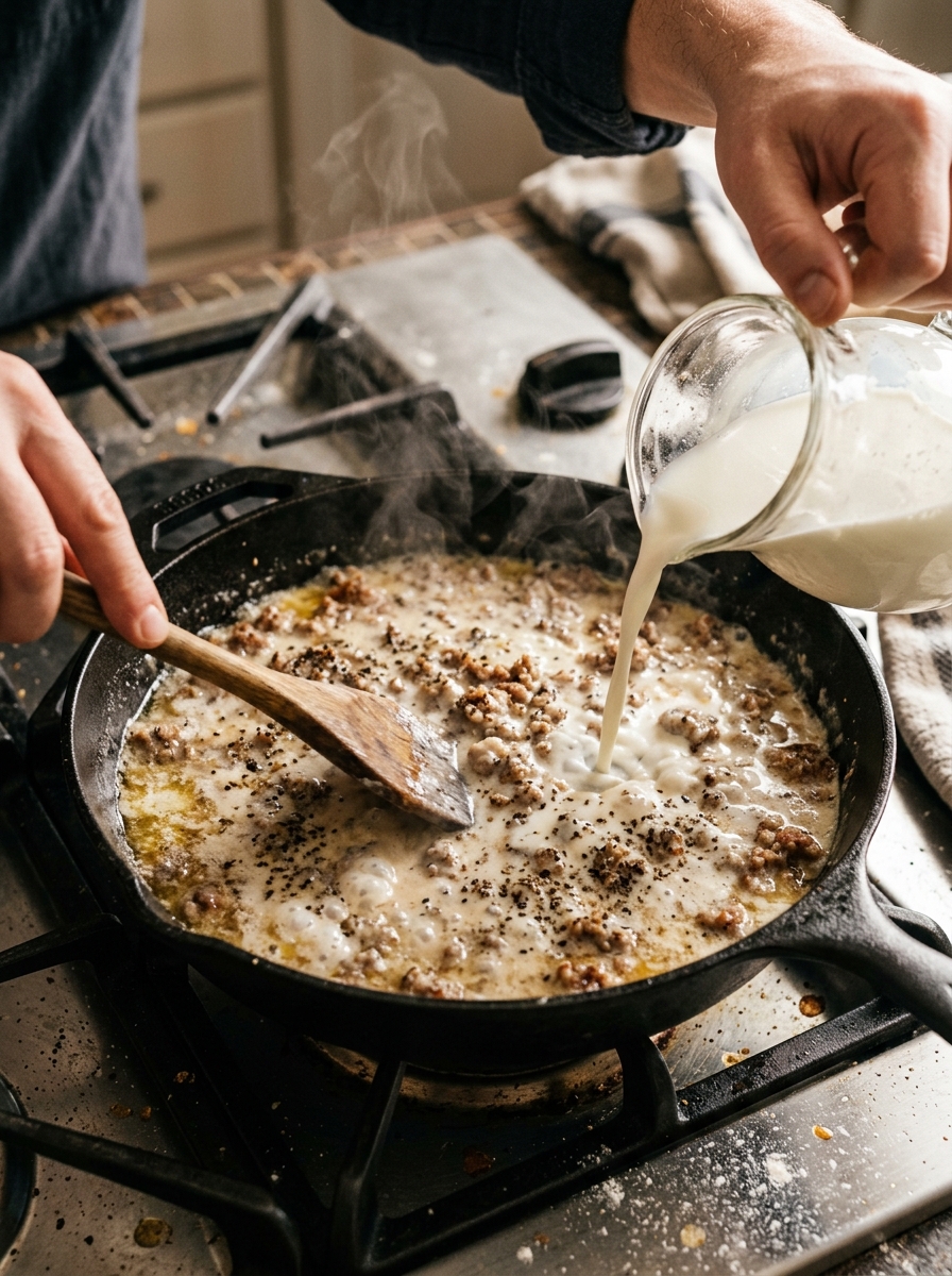 Active cooking process showing wooden spoon stirring country sausage roux and pouring whole milk into skillet to form peppery gravy