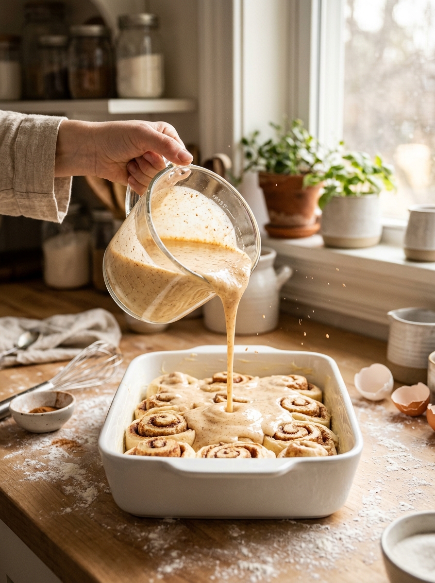 Pouring spiced vanilla egg custard evenly over cut cinnamon roll dough bites in ceramic baking dish