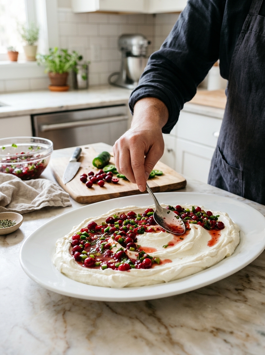 Spooning glistening ruby cranberry jalapeno salsa over a smooth platter of whipped cream cheese